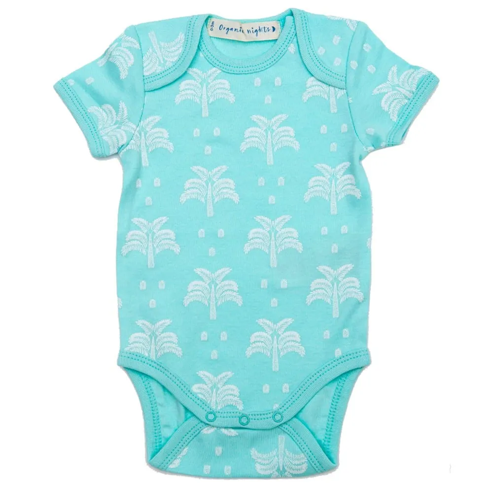 Organic Cotton Summer Short-Sleeve Onesie - Palms and Pineapples in Island Water Green