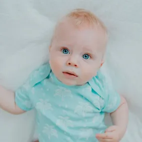 Organic Cotton Summer Short-Sleeve Onesie - Palms and Pineapples in Island Water Green
