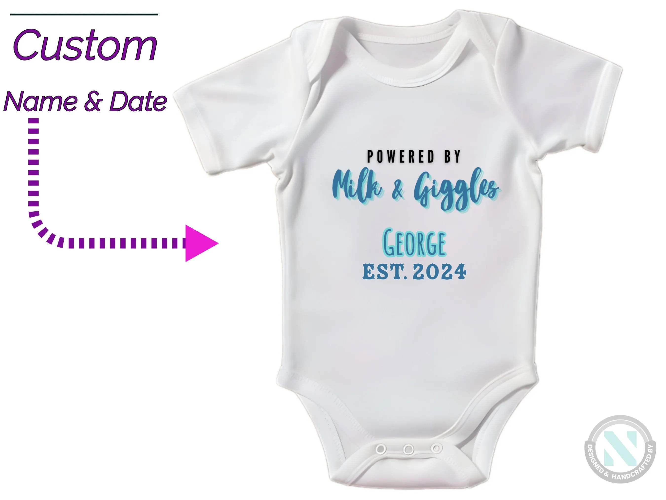 Personalize Name And Date Short Sleeve Baby Bodysuit for Boys  with Milk And Giggles