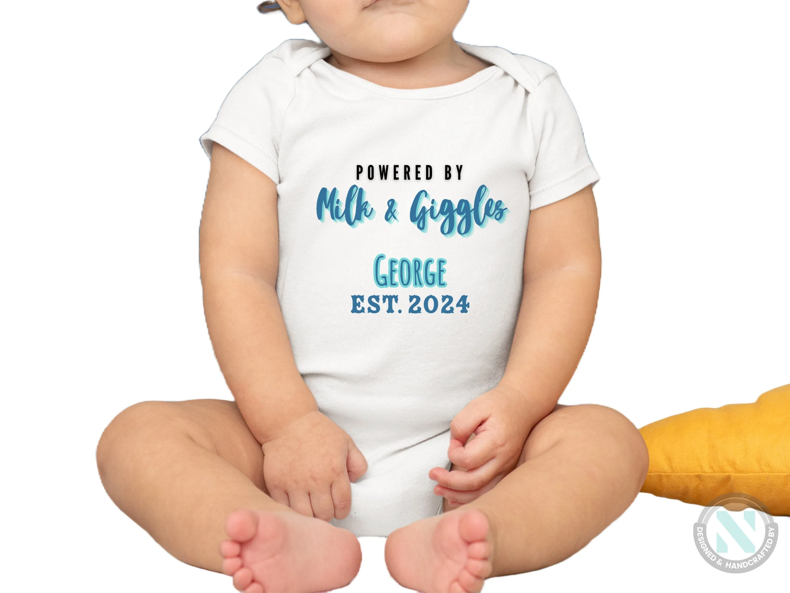 Personalize Name And Date Short Sleeve Baby Bodysuit for Boys  with Milk And Giggles