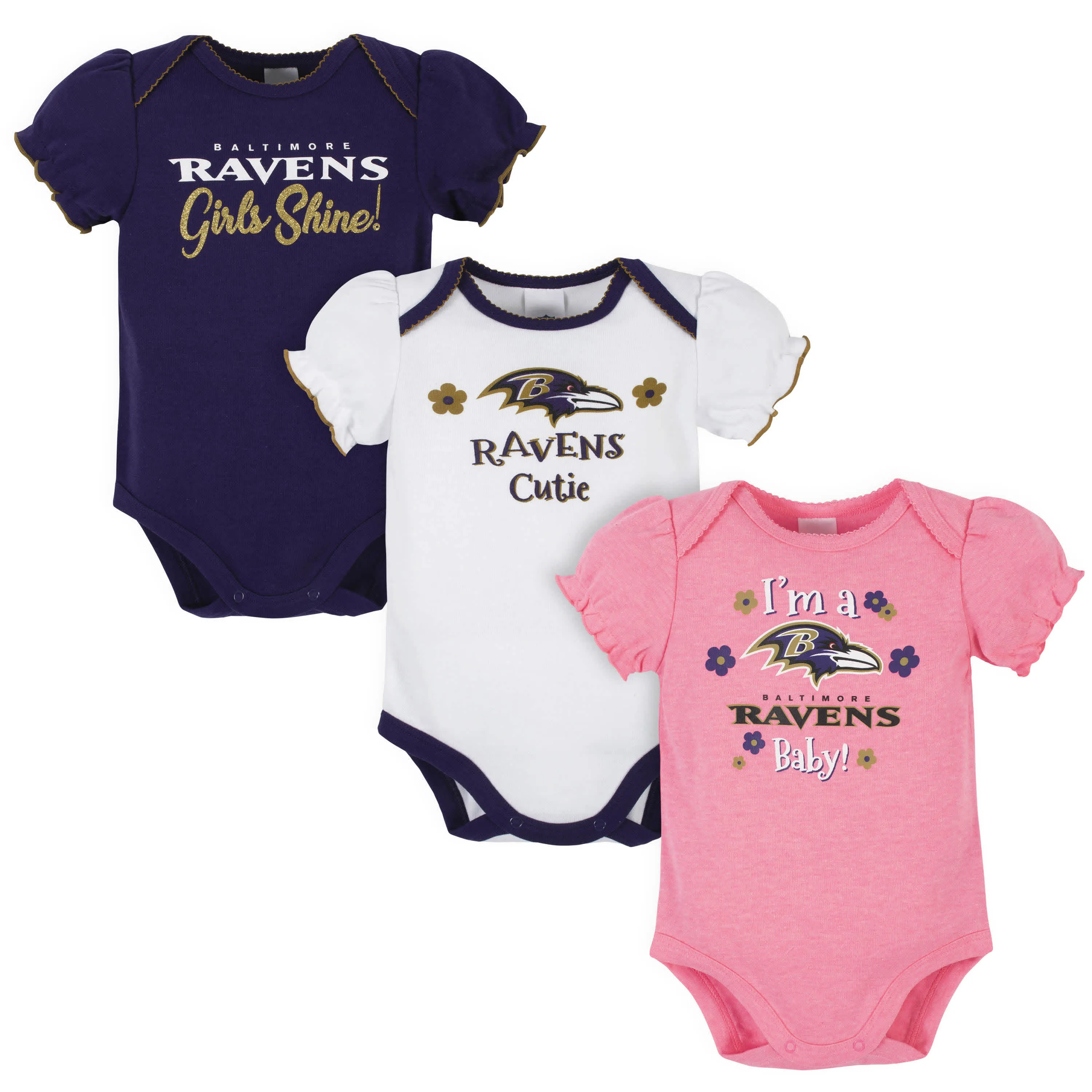 Ravens Girls Shine 3-Pack Short Sleeve Bodysuits