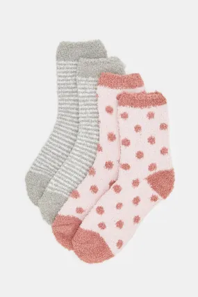 Senior Girls Pink And Grey Printed Fluffy Socks (2 Pairs)