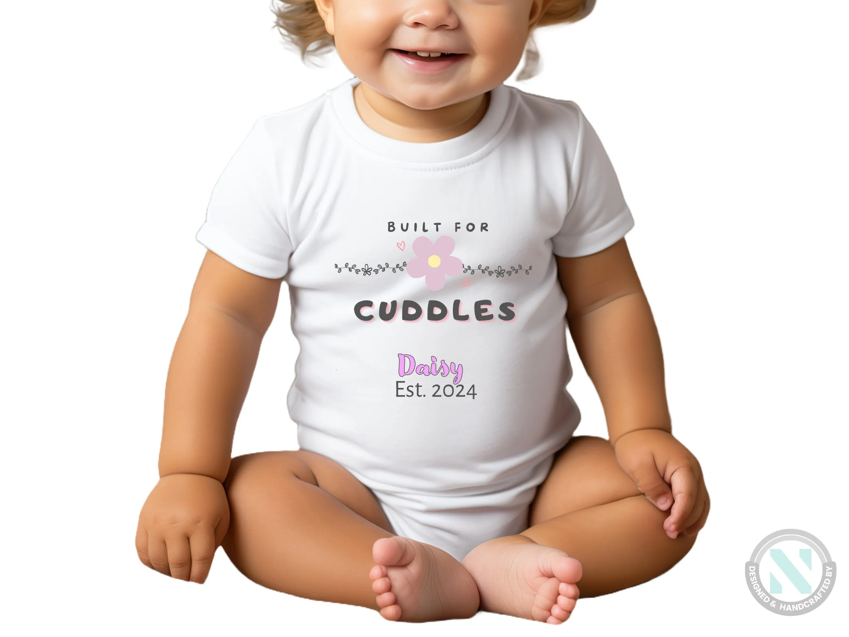 Short Sleeve Personalize Name And Date Baby Bodysuit for Girls With "Built For Cuddles"