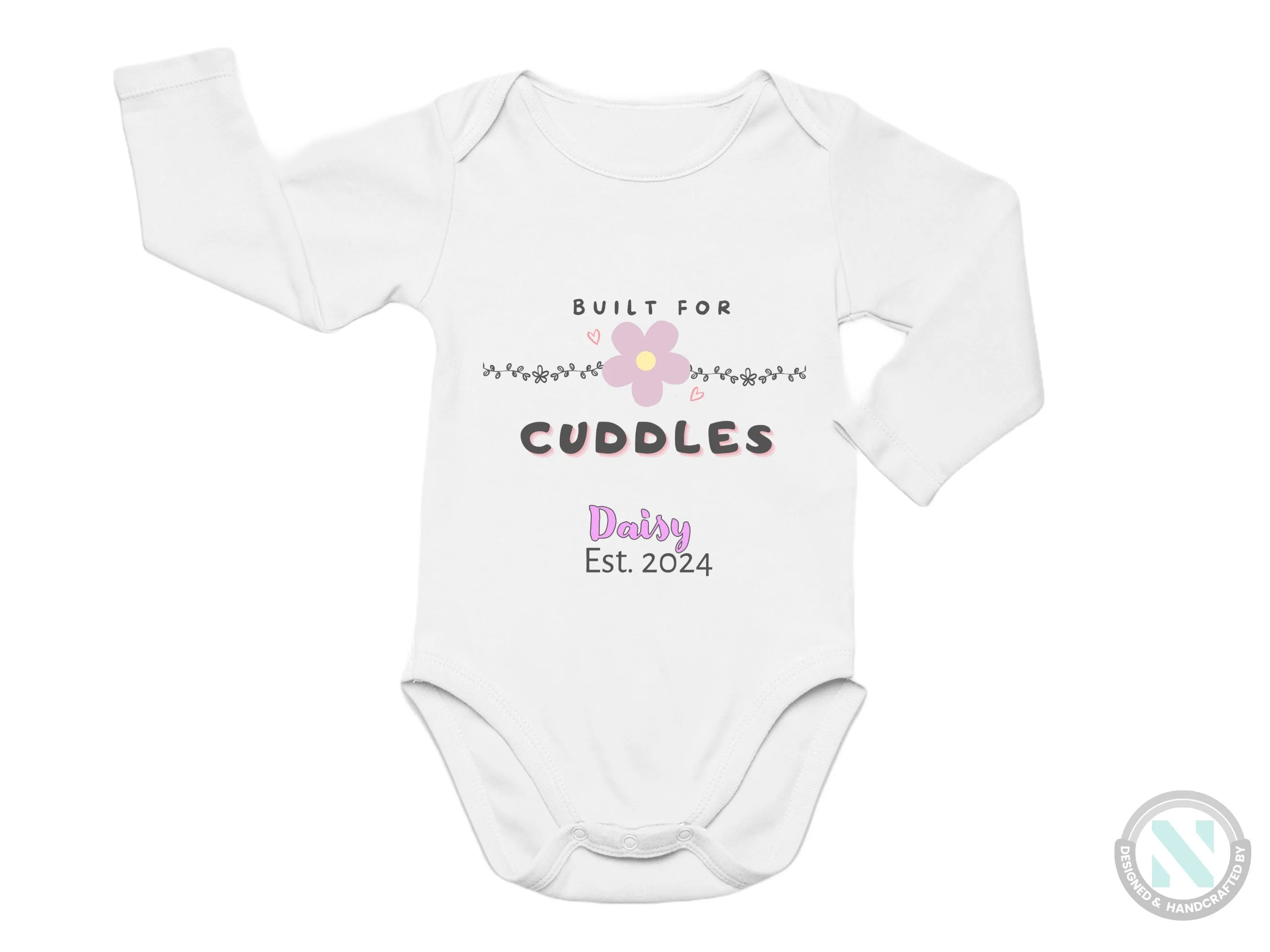 Short Sleeve Personalize Name And Date Baby Bodysuit for Girls With "Built For Cuddles"