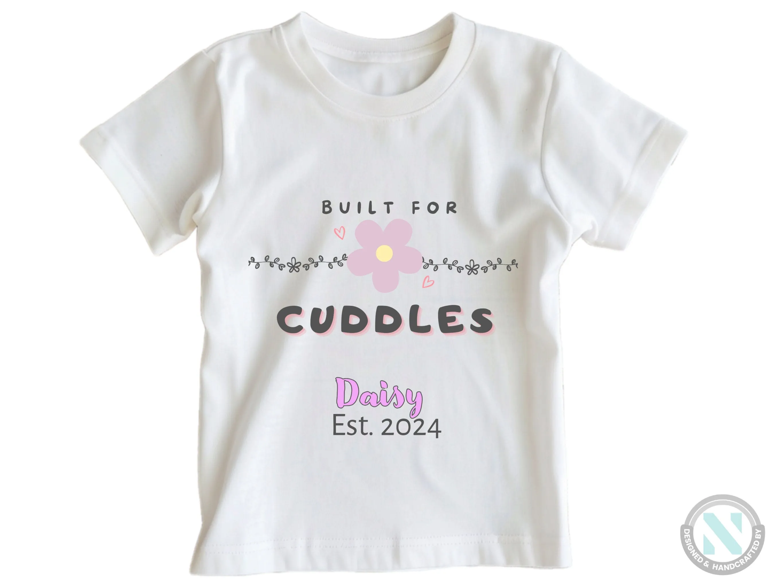 Short Sleeve Personalize Name And Date Baby Bodysuit for Girls With "Built For Cuddles"
