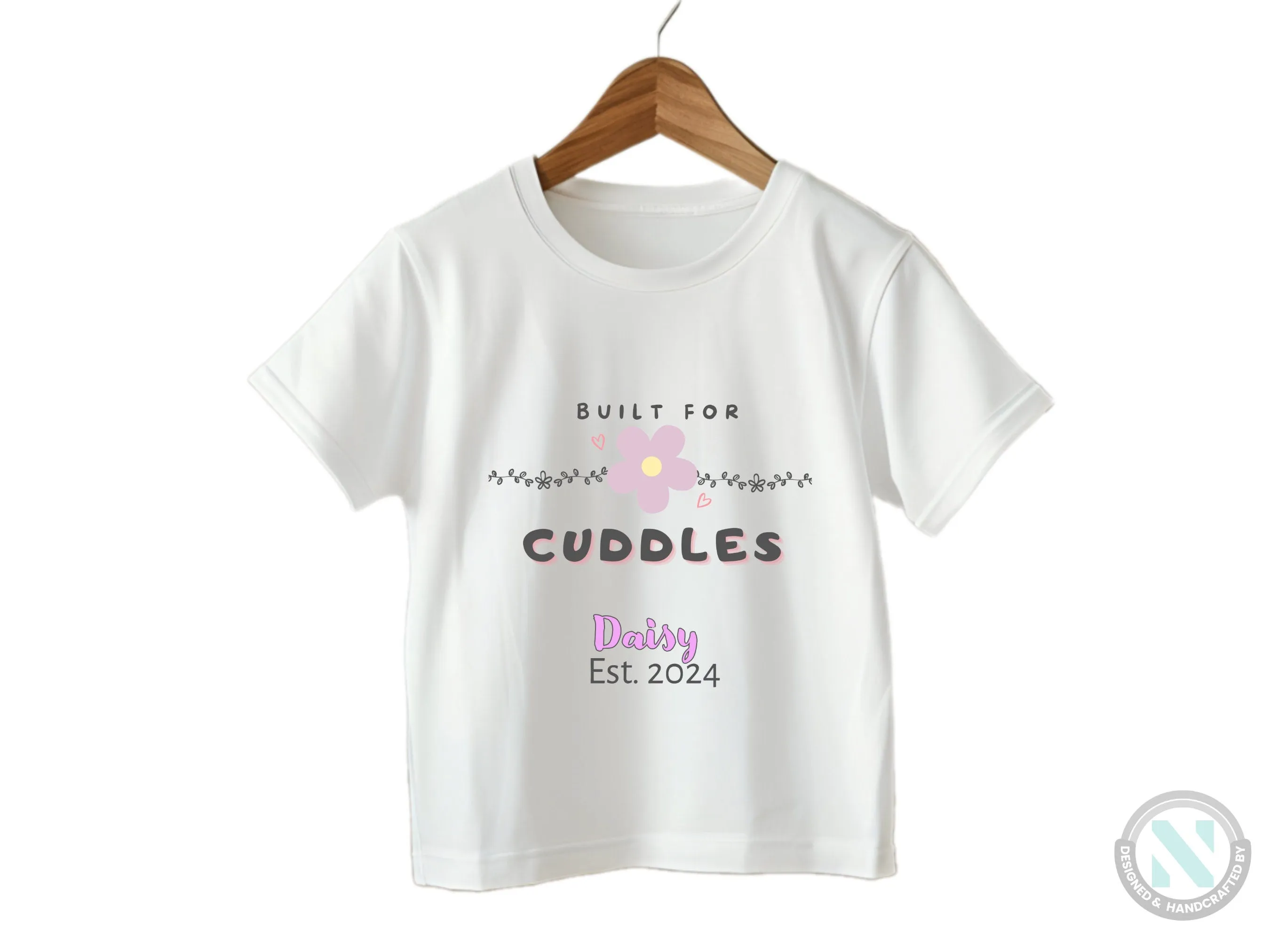 Short Sleeve Personalize Name And Date Baby Bodysuit for Girls With "Built For Cuddles"