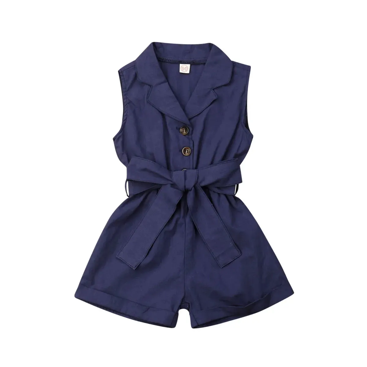Sleeveless Collar Button Bow-tie Waist Rompers