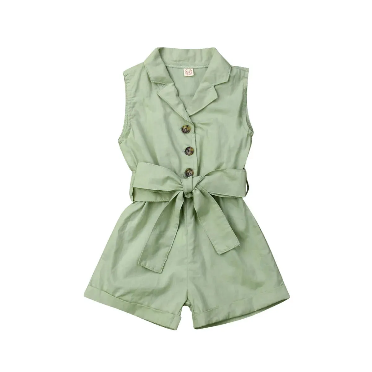 Sleeveless Collar Button Bow-tie Waist Rompers