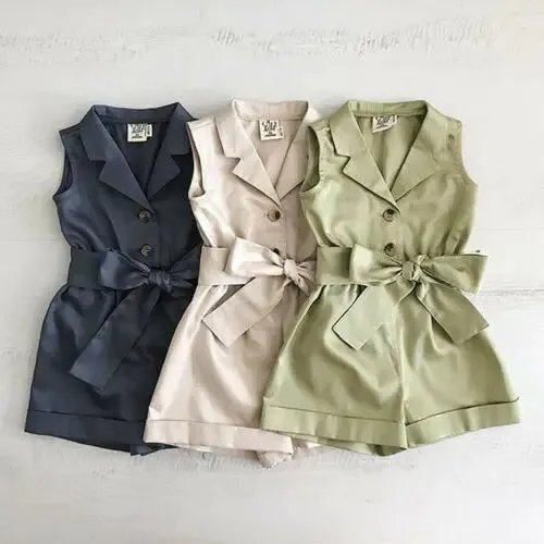 Sleeveless Collar Button Bow-tie Waist Rompers
