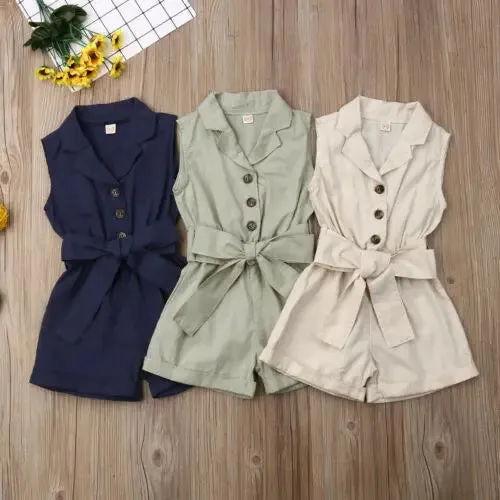 Sleeveless Collar Button Bow-tie Waist Rompers