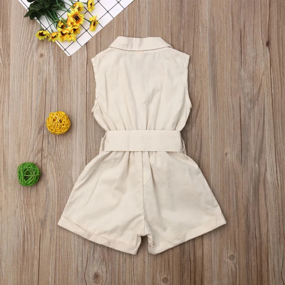 Sleeveless Collar Button Bow-tie Waist Rompers