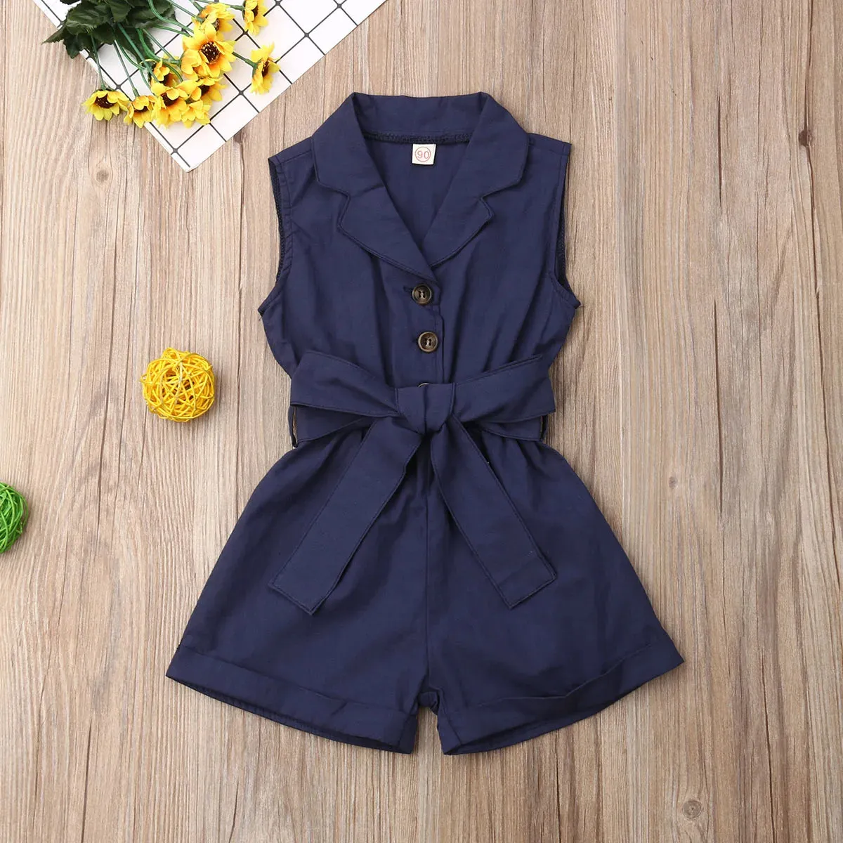 Sleeveless Collar Button Bow-tie Waist Rompers