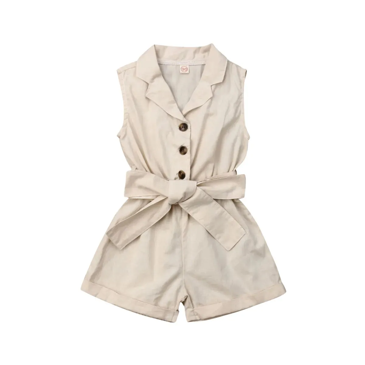 Sleeveless Collar Button Bow-tie Waist Rompers
