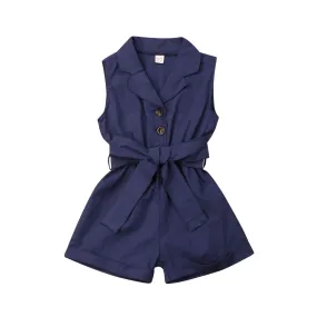 Sleeveless Collar Button Bow-tie Waist Rompers