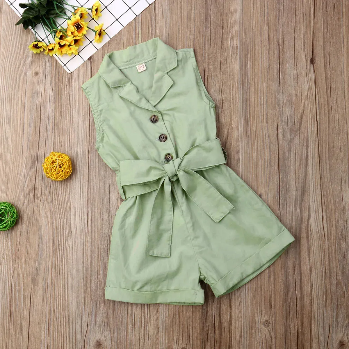 Sleeveless Collar Button Bow-tie Waist Rompers