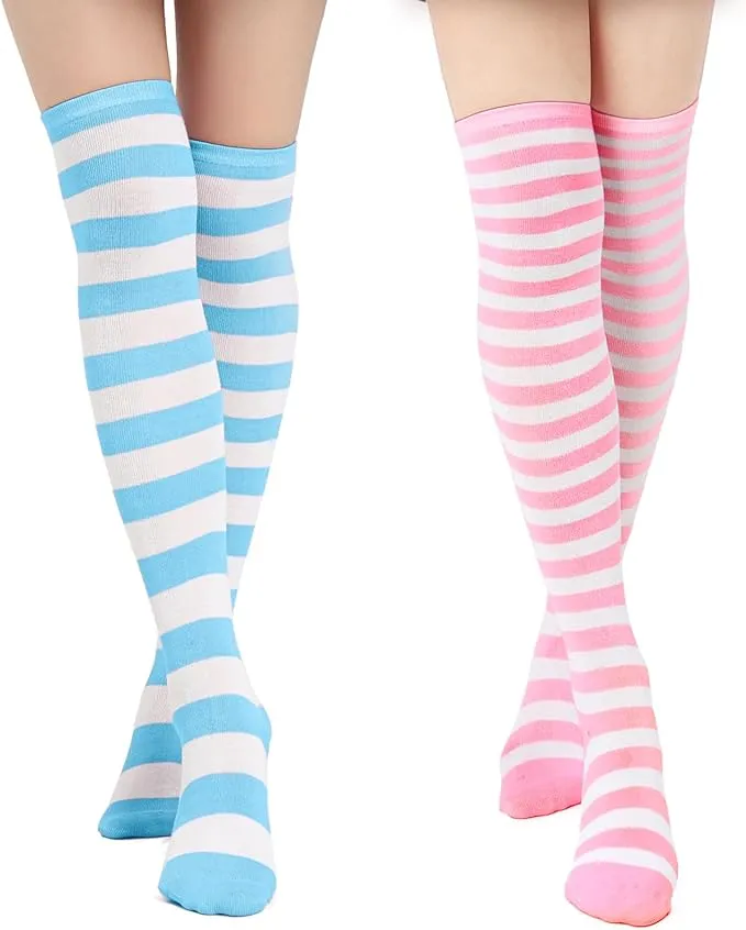 Socks Striped Thigh High Socks Elastic Over The Knee Knit Stockings for Daily or Anime Cosplay