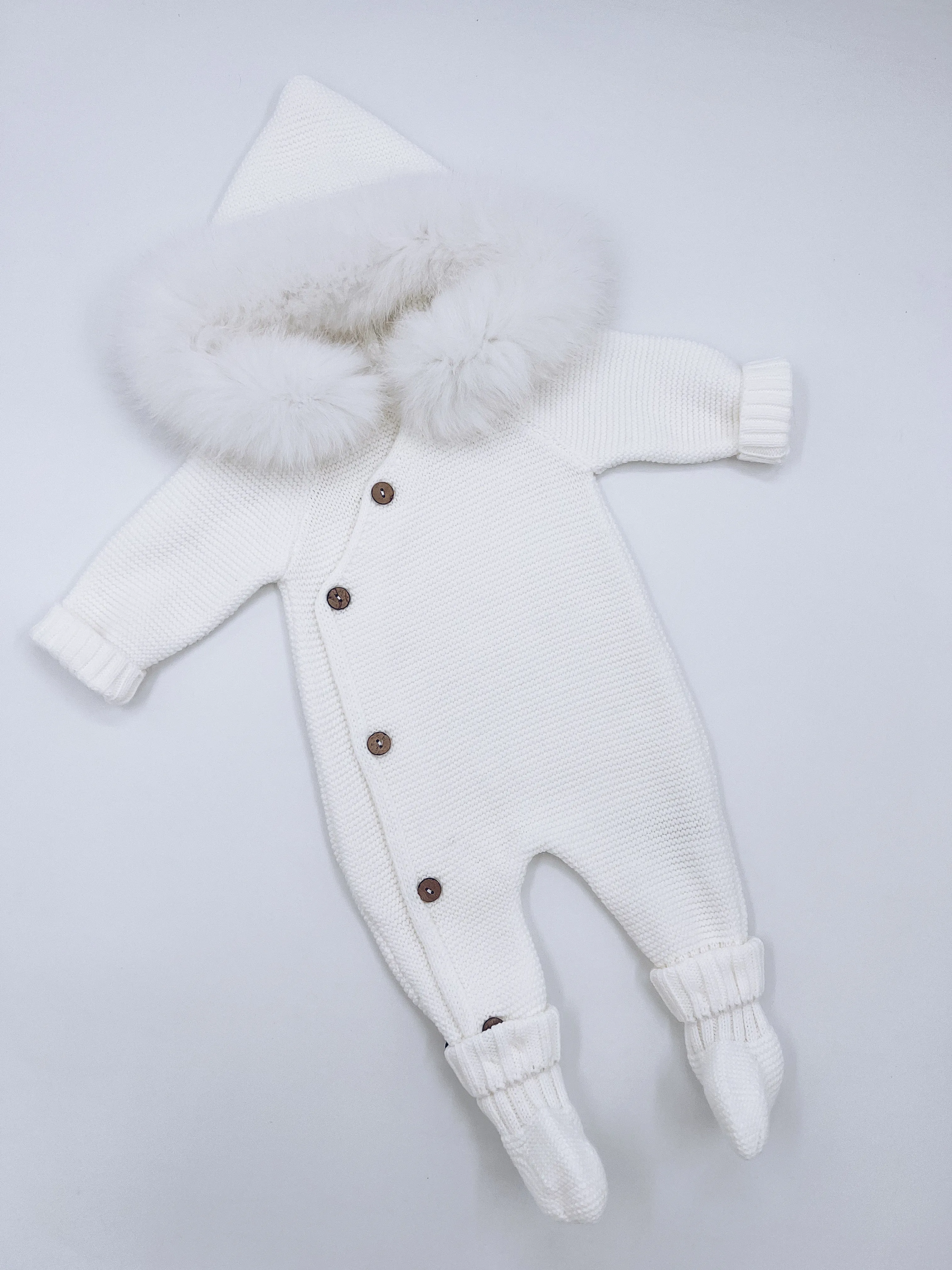 White Knitted Baby Pramsuit with Luxurious Fox fur trim