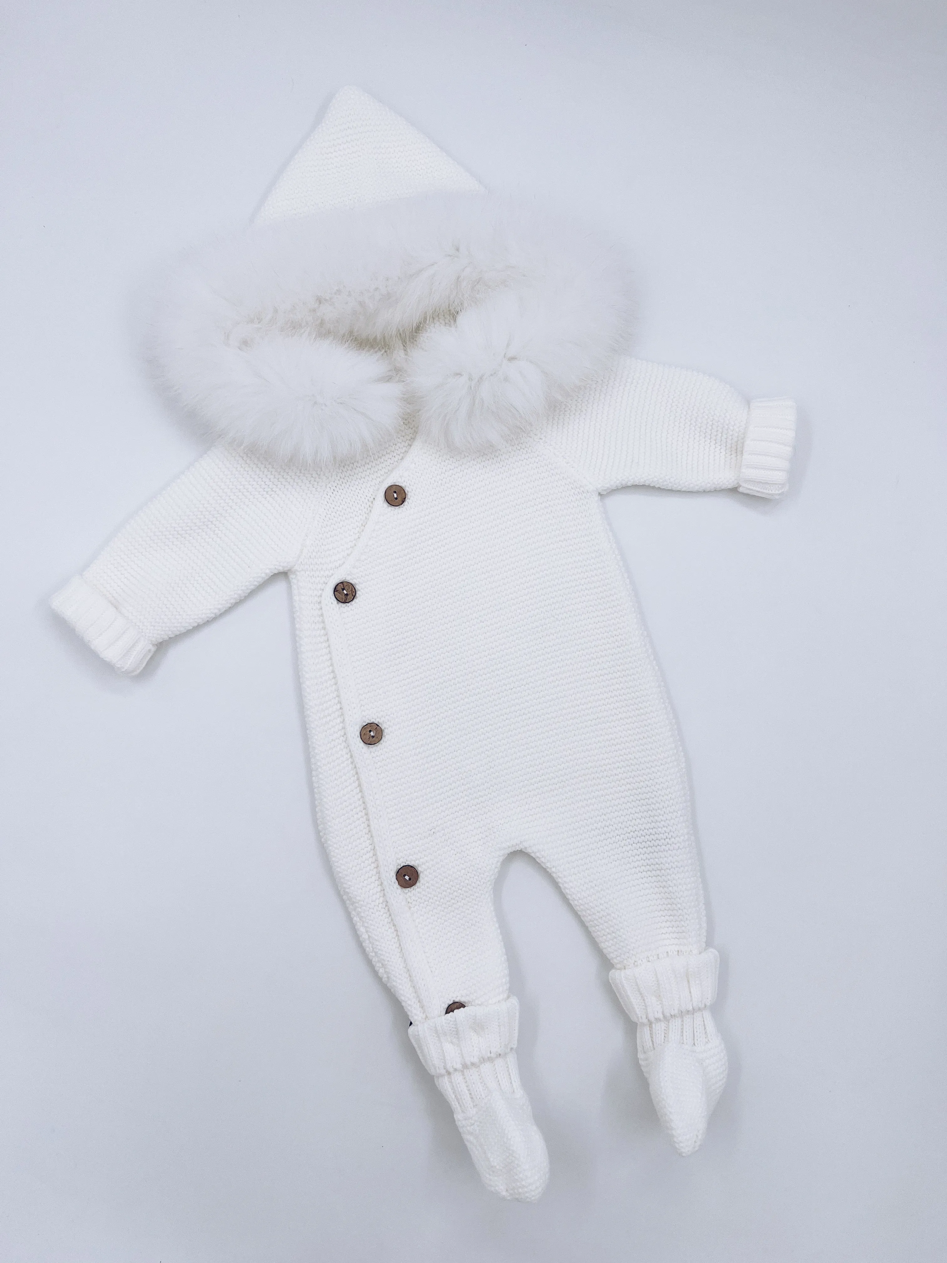 White Knitted Baby Pramsuit with Luxurious Fox fur trim