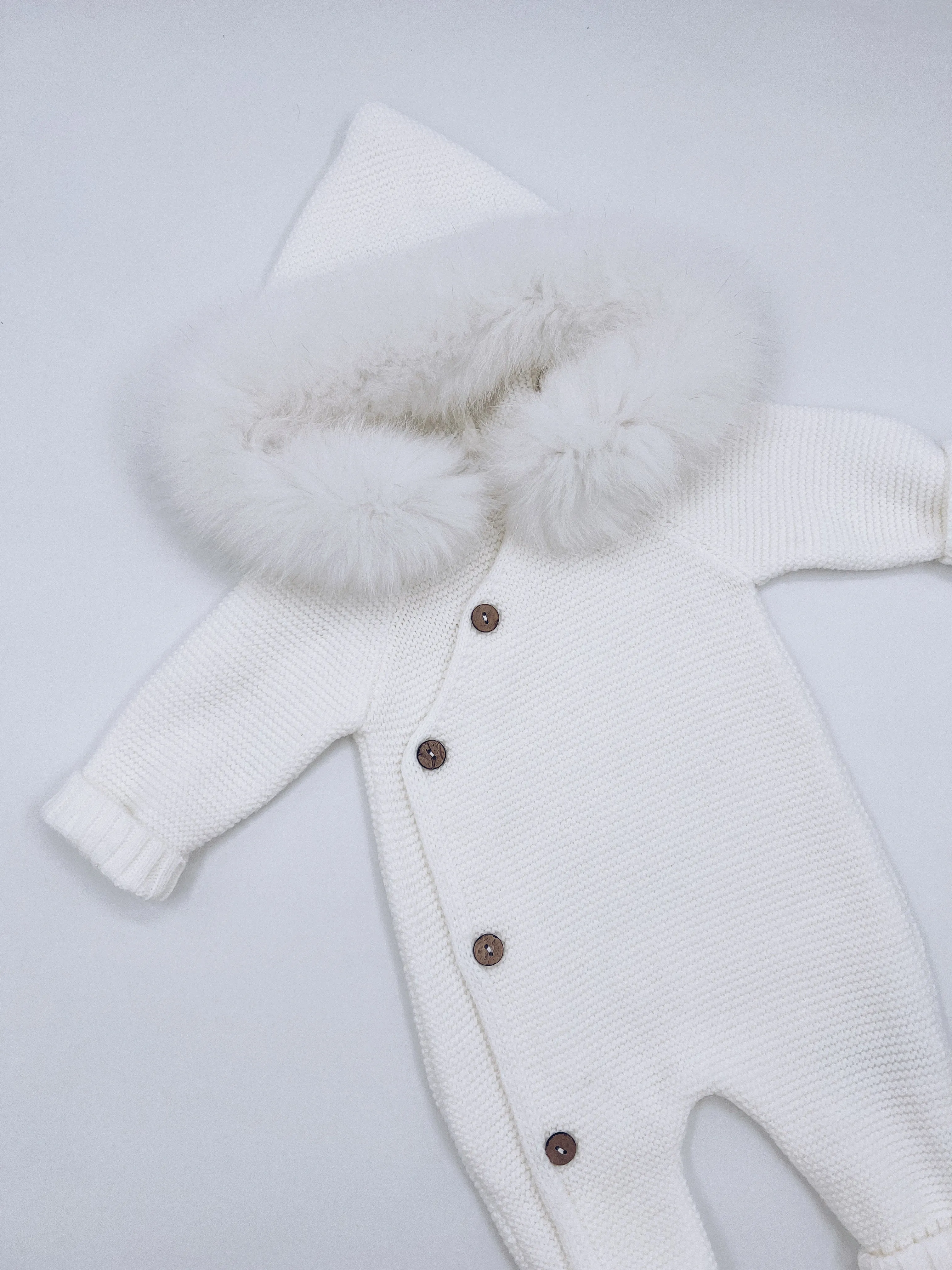 White Knitted Baby Pramsuit with Luxurious Fox fur trim