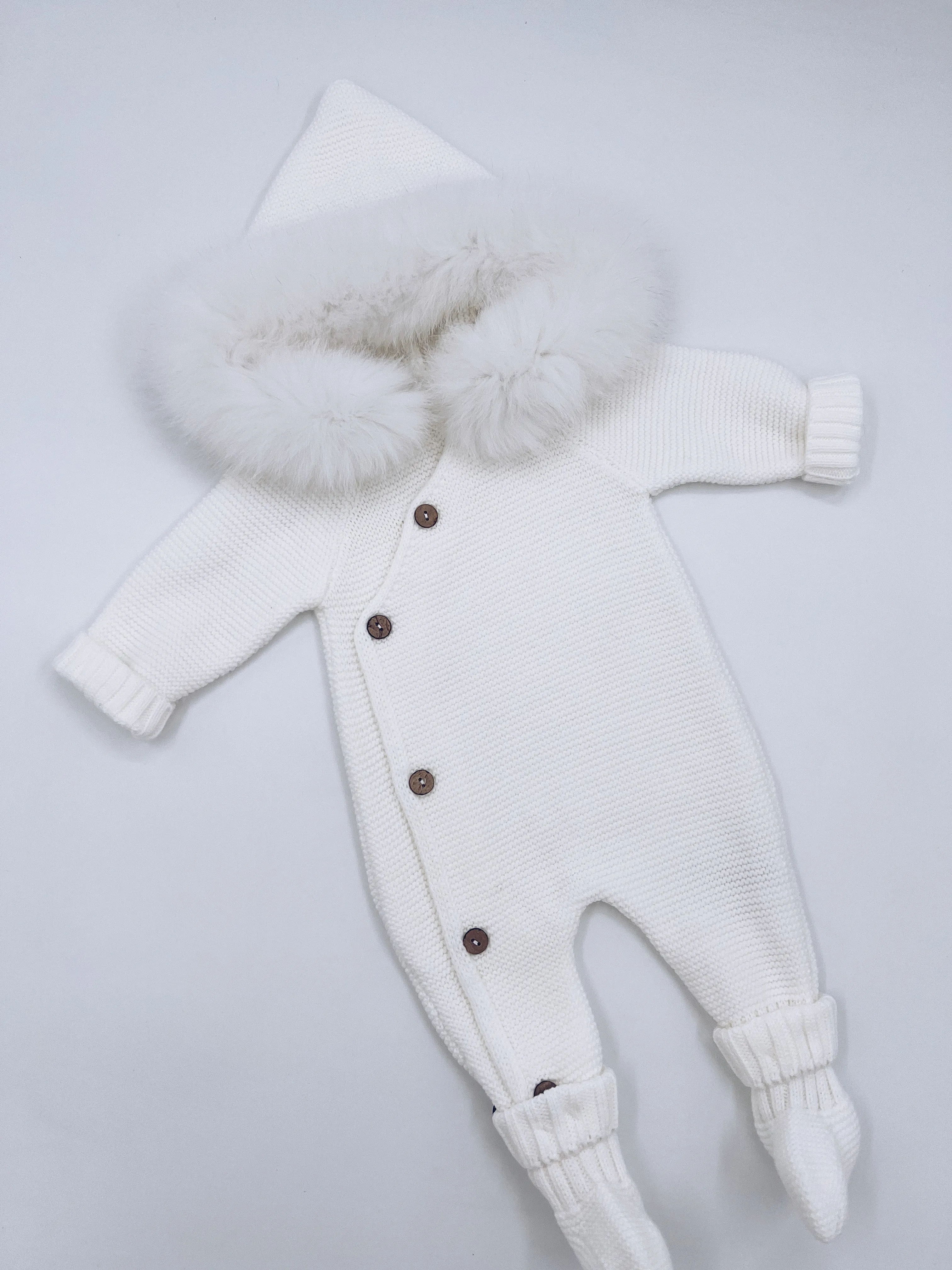 White Knitted Baby Pramsuit with Luxurious Fox fur trim