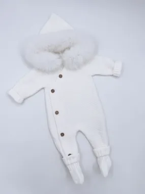 White Knitted Baby Pramsuit with Luxurious Fox fur trim