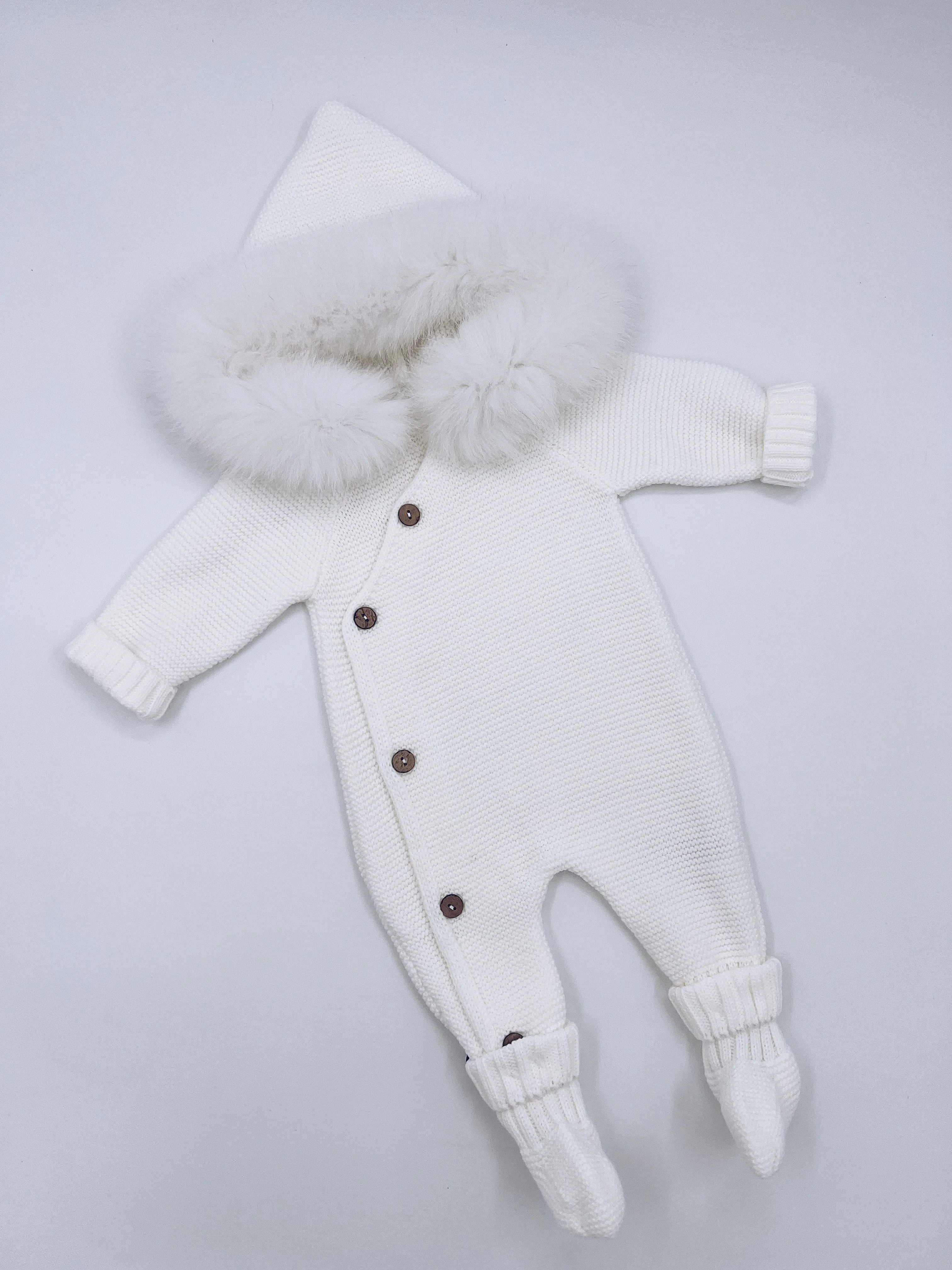 White Knitted Baby Pramsuit with Luxurious Fox fur trim